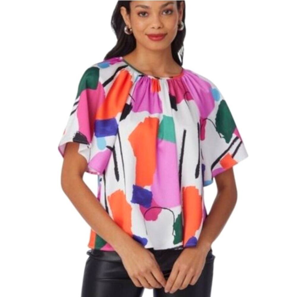 Crosby by Mollie Burch Brynn Small Abstract Print Colorful Blouse Flutter Sleeve